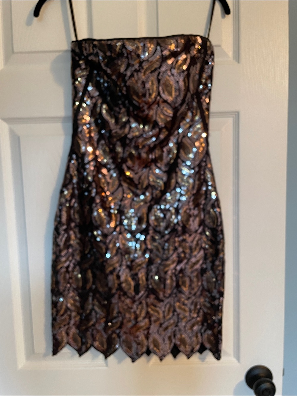 bebe Strapless Sequin Cocktail Dress in Bronze and Black